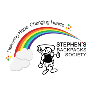 Logo for Stephens Backpacks Society featuring a cartoon child with a backpack, a rainbow, clouds, and the slogan Delivering Hope. Changing Hearts. Supported by Grants Funding to make a real difference in children's lives.