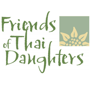 Logo for Friends of Thai Daughters featuring green text and a square with a yellow flower design on a sage green background, symbolizing the foundation funding that supports their impactful work.