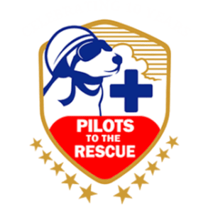 A shield logo with a dog wearing aviator gear, a blue medical cross, the text Pilots to the Rescue, and a border of gold stars along the bottom highlights their mission supported by foundation funding.