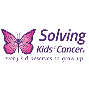 Logo for Solving Kids Cancer featuring a pink butterfly with maze-like patterns and the slogan "every kid deserves to grow up," symbolizing hope supported by foundation funding.