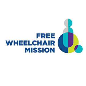 Free Wheelchair Mission logo with blue text and abstract geometric shapes forming the outline of a person in a wheelchair, representing support through grants funding and foundation funding.