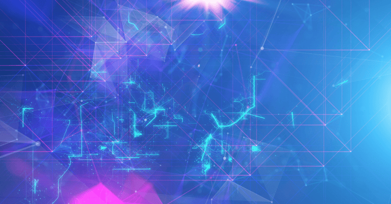 Abstract digital background with blue and purple glowing lines, geometric shapes, light flares, and grid patterns on a gradient blue backdrop—ideal for presentations or pricing displays.