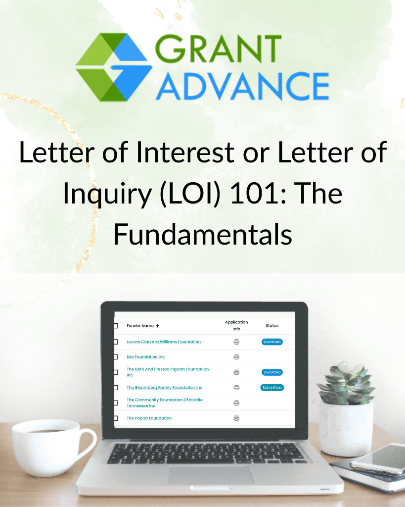 A promotional image for Grant Advance Learning shows a laptop with a list of funders on the screen and the text, "Letter of Interest or Letter of Inquiry (LOI) 101: The Fundamentals.