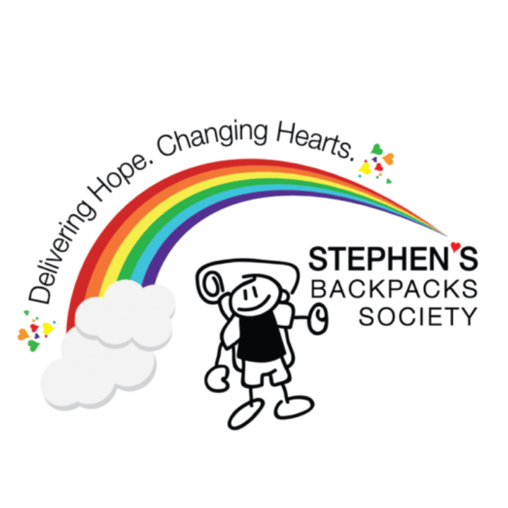 Logo featuring a rainbow over clouds, a stick figure with a backpack, and the text "Delivering Hope. Changing Hearts. STEPHEN'S BACKPACKS SOCIETY." Member Spotlight: Stephen's Backpacks Society.