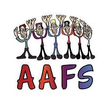 Cartoon drawing of six people with raised hands standing above the letters "AAFS" in bold, colorful font.