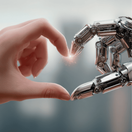 A human hand and a robotic hand reach towards each other, nearly touching fingertips with a spark of light—symbolizing the connection sparked by Grant Search Engines between innovation and technology.