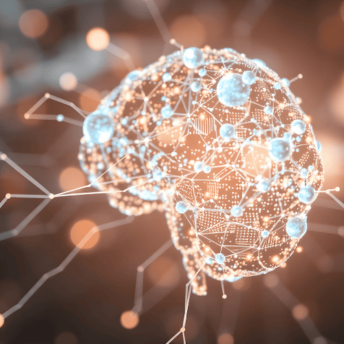 Digital rendering of a human brain formed by interconnected nodes and glowing lines, symbolizing artificial intelligence, neural networks, or advanced Grant Search Engines.