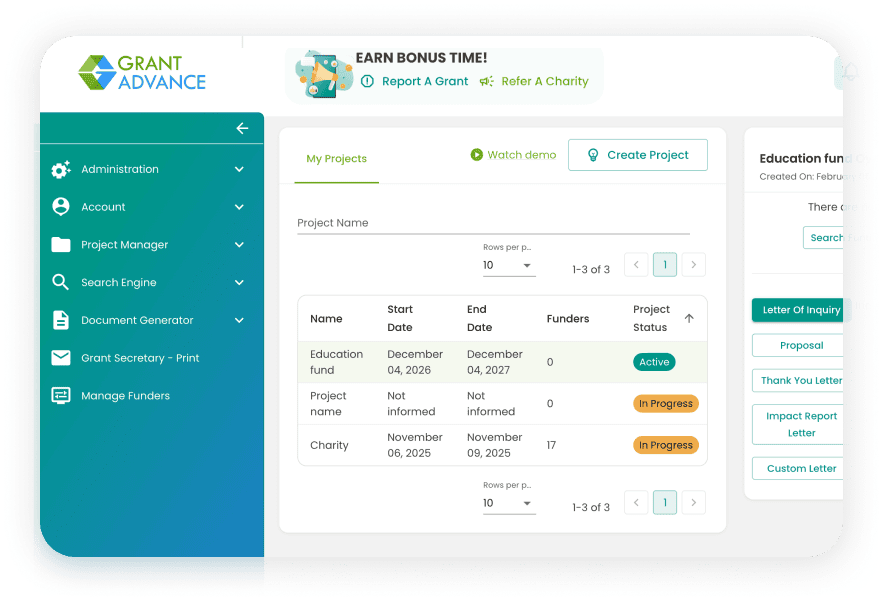 Project Manager helps your nonprofit organize the entire grant lifecycle, from foundation research and funding strategy to proposal tracking, submission timelines, follow-ups, and reporting.